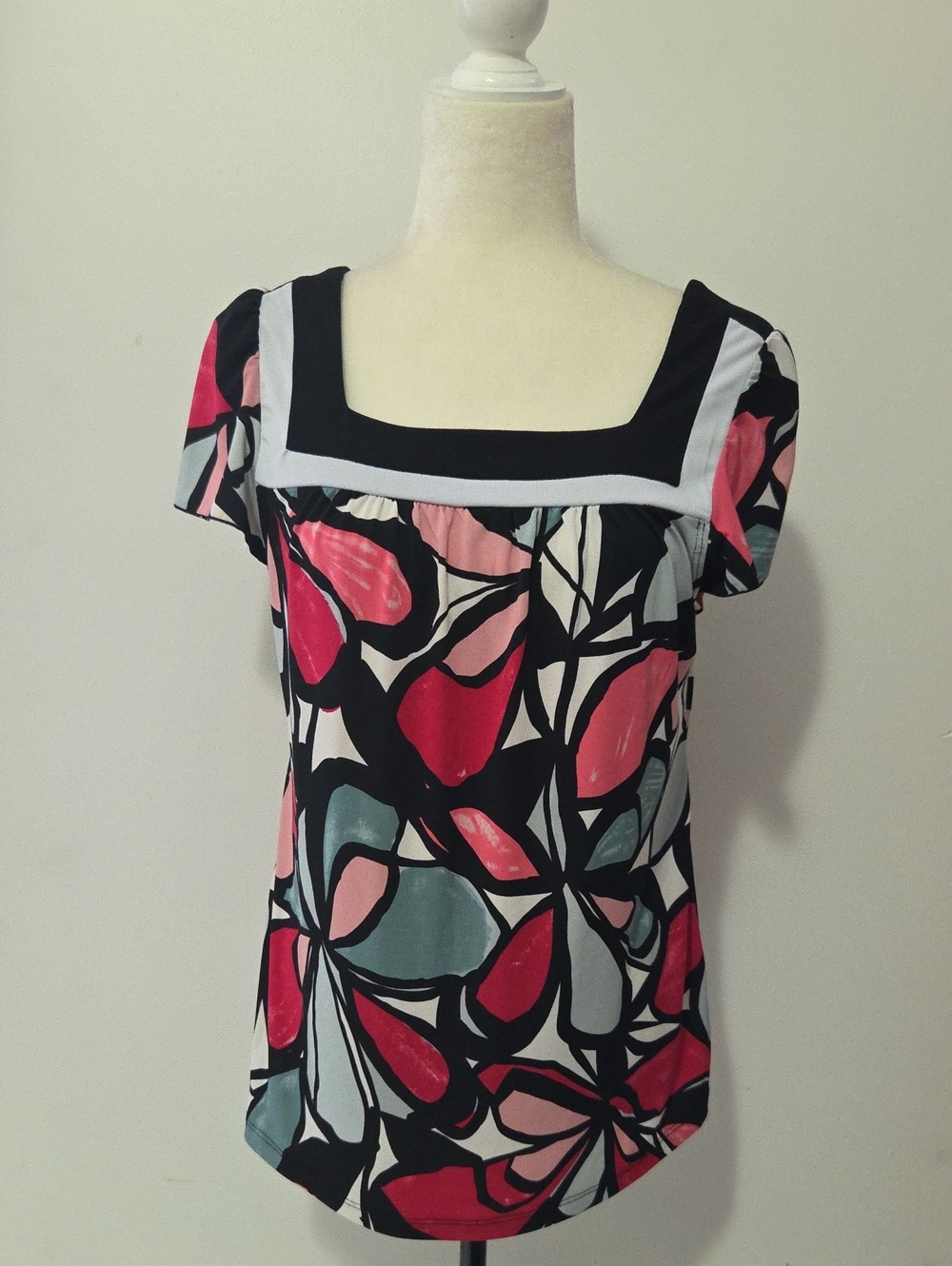 Women’s Black Square-Neck Print Top with Pink & Teal Accents